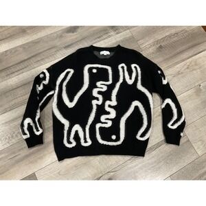 Threaded Leaf Black White Abstract Graphic Knit Sweater medium